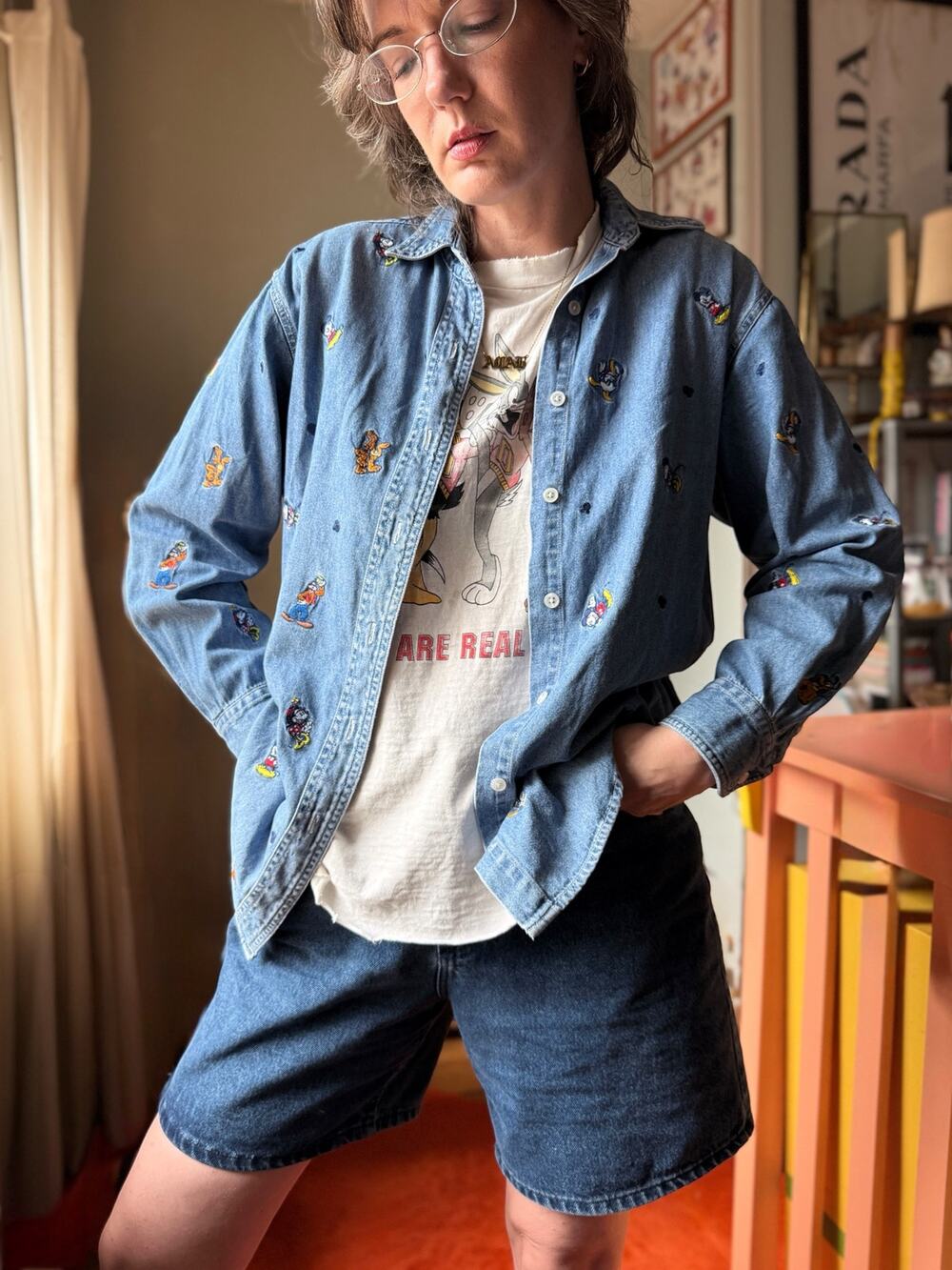 Vintage 90s Denim Disney Shirt | All Over Character Embroidery | Light Wash| S/M